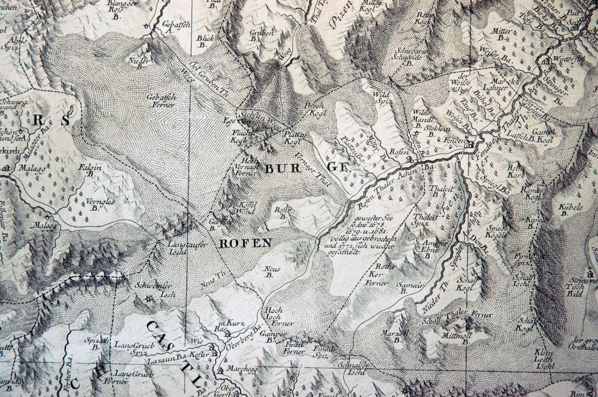 Karte von Peter Anich von 1774 mit der Lage des Sees 1678, 79 und 81