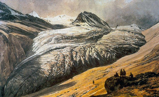 Der schnell vorstossende Vernagtferner im Sommer 1844 vom Platteieck in einem Gemälde von Thomas Ender.
