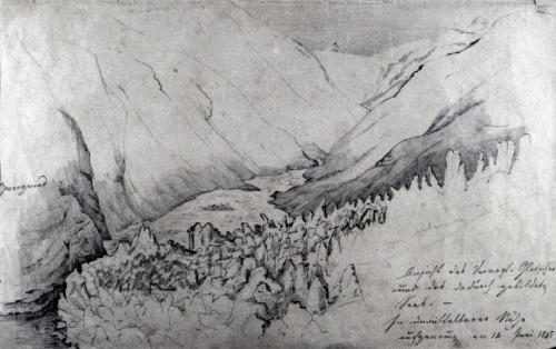 Der Rofener Eissee am Talgrund des Rofentales mit dem Zungenende des Vernagtferners am 14. Juni 1845.
