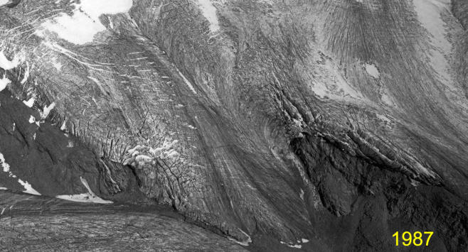 Der Zungenbereich des Vernagtferners im August 1987 im Luftbild    (Foto M. Weber)