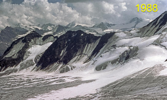 Erscheinungsbild des Gletschers an den Hintergrasseln im Bereich der Schwarzwandzunge 1988    (Foto: M. Weber) 