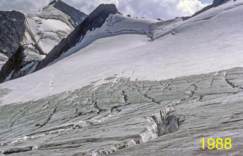 Spalten und Randspalten im oberen Bereich der Schwarzwandzunge 1988      (Foto: M. Weber)