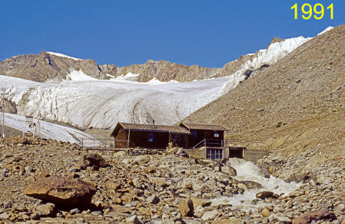 Pegelstation Vernagtbach mit Vernagtferner im Hintergrund 1991   (Foto: O. Reinwarth)