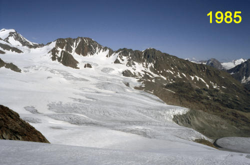 Blick vom Aufschwung zur Hochvernagtspitze nach Osten zu den vorstossenden Zungen des Vernagtferners im August 1985   (Foto M. Weber)