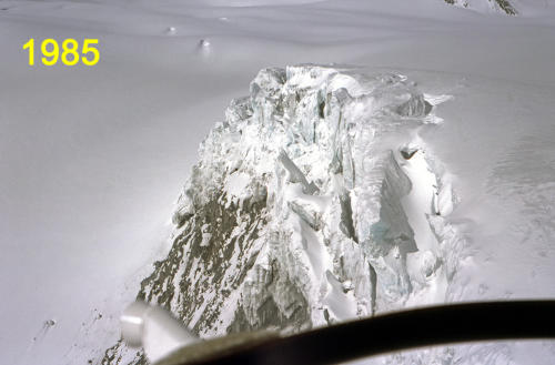 Nahaufnahme des Eisbruchs und der Seracs vom Helikopter 1985  (Foto O. Reinwarth )